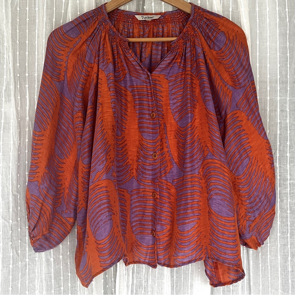 Tucker Silk Linen Blend Blouse Orange Purple Print Relaxed Fit Size Se
